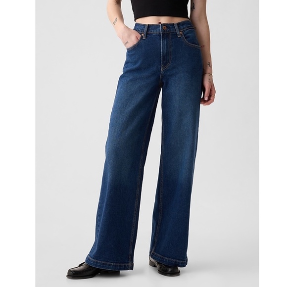 GAP Women's High Rise Stride Wide-Leg Jeans Dark Blue - Picture 1 of 6